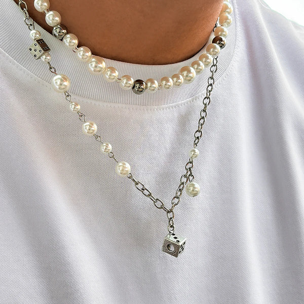 Men's Dice Pearl And Chain Necklace