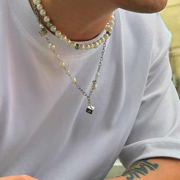 Men's Dice Pearl And Chain Necklace