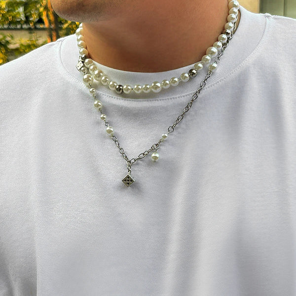 Men's Dice Pearl And Chain Necklace