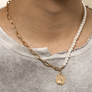 Mens Half Pearl Half Chain Necklace