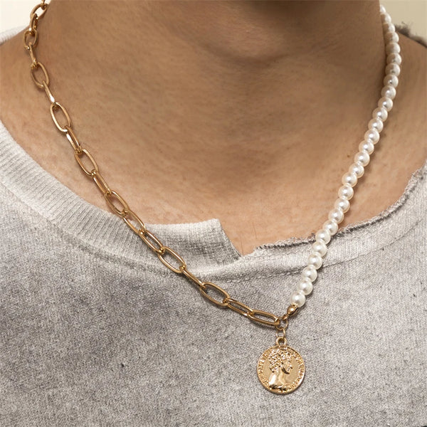 Mens Half Pearl Half Chain Necklace