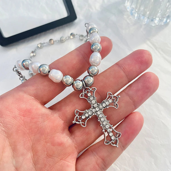 Men's Pearl Cross Necklace