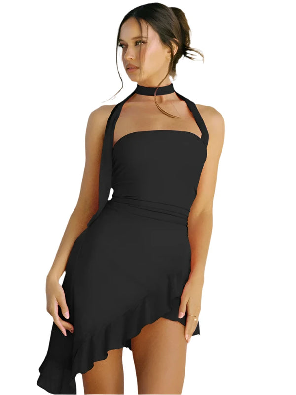 Modern Asymmetric Black Mini Dress 