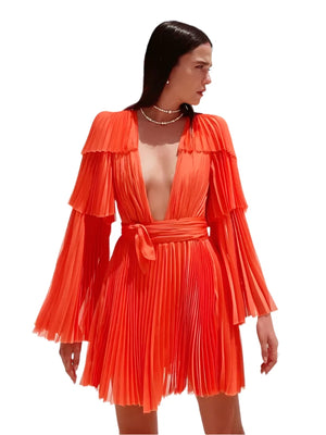 Orange Boho Pleated Mini Dress With Long Sleeves