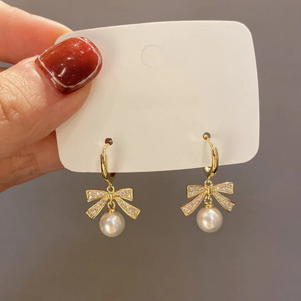 Pearl Bow Drop Earrings Pearl For Womens