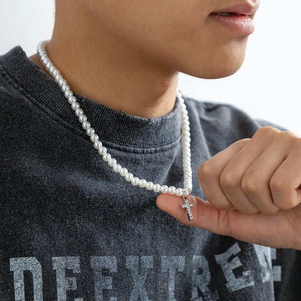 Pearl Cross Necklace Mens