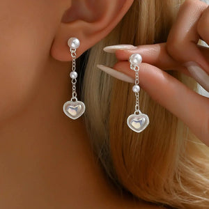 Pearl Heart Long Drop Earrings