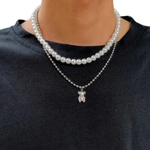 Pearl Necklace Men With Bear Pendant