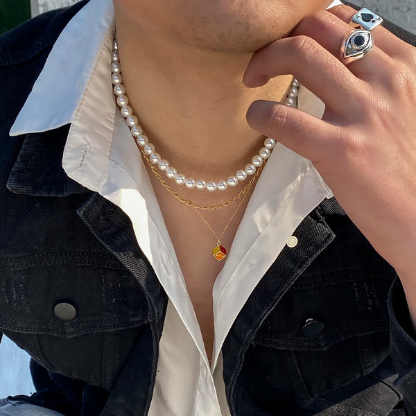 Pearl Necklace Men With Dice Pendant