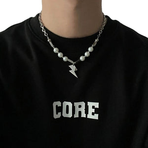 Pearl Necklace Men with Lightning Shape Pendant Necklace