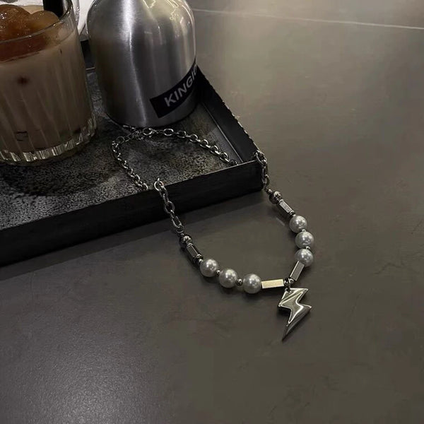 Pearl Necklace Men with Lightning Shape Pendant Necklace