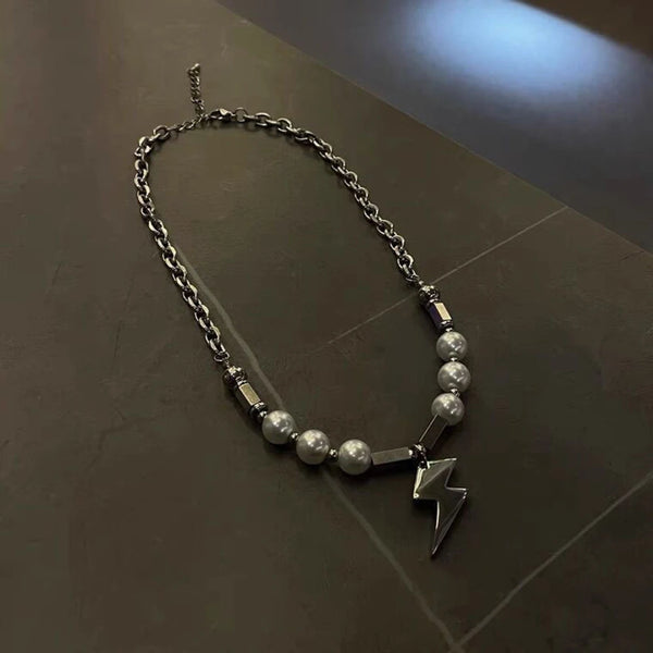 Pearl Necklace Men with Lightning Shape Pendant Necklace