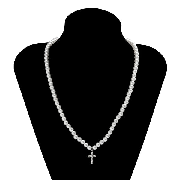 Pearl Necklace With Cross For Men's