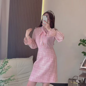 Long Sleeve Pink Dress With Pearls