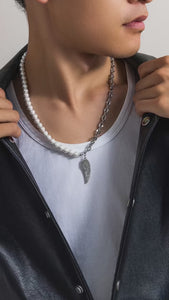 Half Pearl Half Chain Necklace Mens