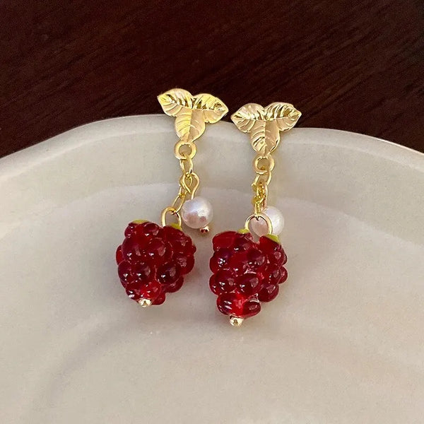 Red Grape Earrings With Pearl Drops