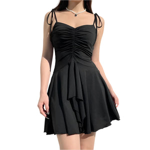 Ruched Flowy Black Mini Dress