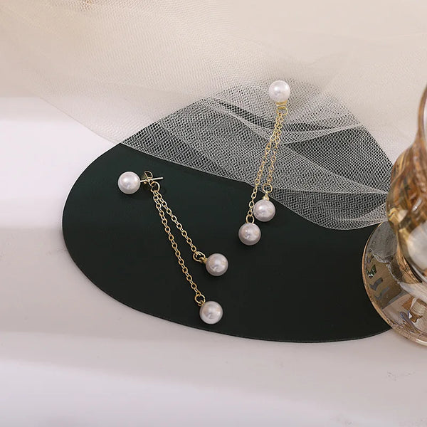 Simple Double Pendant Drop Earrings Pearl