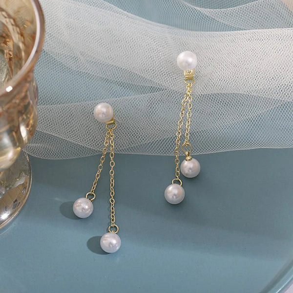 Simple Double Pendant Drop Earrings Pearl