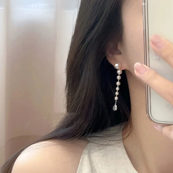 Simple Pearl Drop Long Tassel Earrings for Women