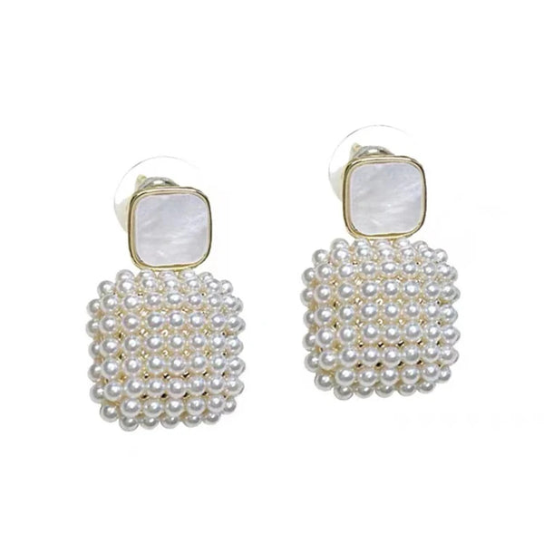 Simple Rice Pearl White Square Pearl Drop Earrings