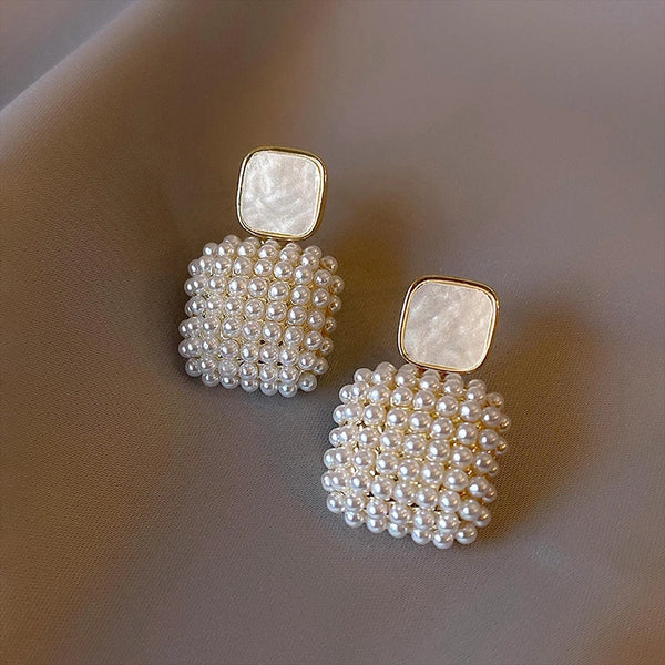 Simple Rice Pearl White Square Pearl Drop Earrings