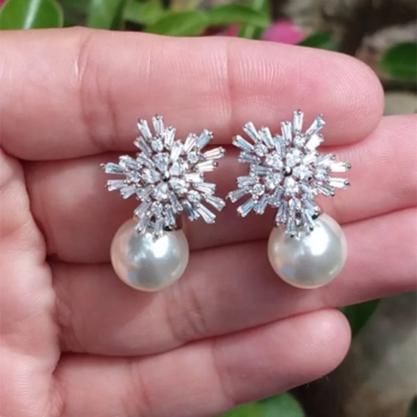 Snow Flower Pearl Drop Earrings