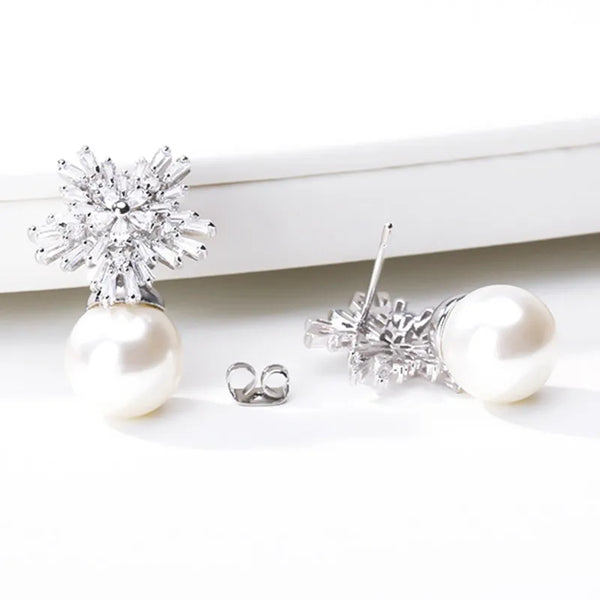 Snow Flower Pearl Drop Earrings