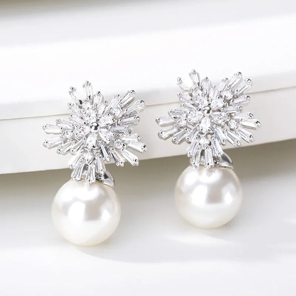 Snow Flower Pearl Drop Earrings