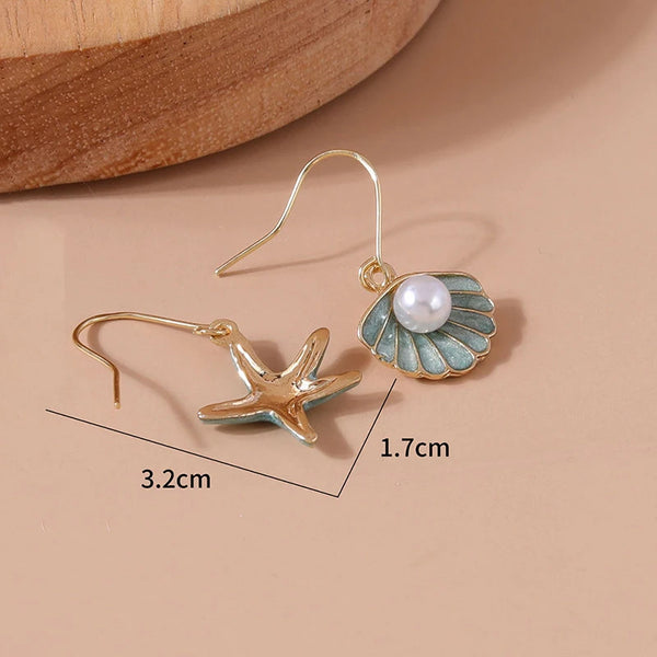 Starfish Shell Drop Pearl Earrings