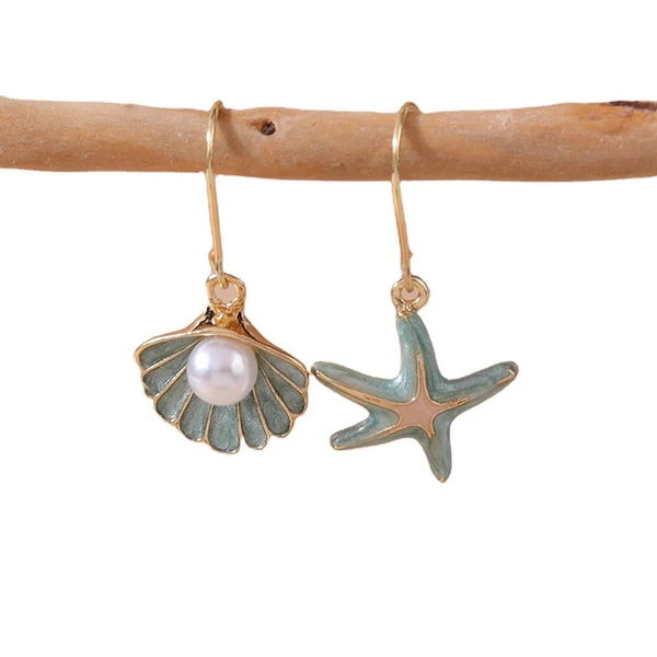 Starfish Shell Drop Pearl Earrings