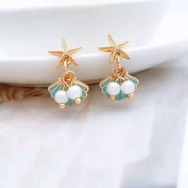 Starfish Shell Pearl Drop Earrings