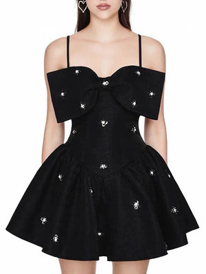 Statement Bow Embellished Black Mini Dress