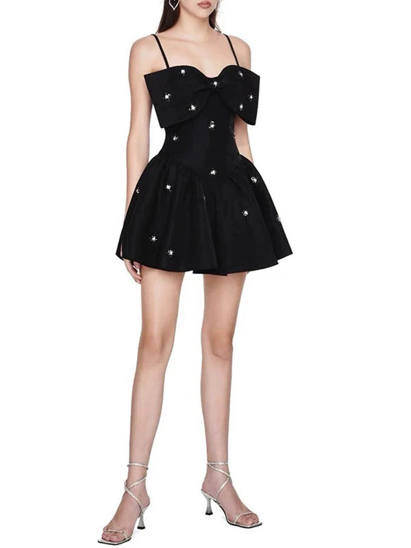 Statement Bow Embellished Black Mini Dress