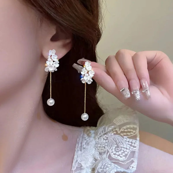 Sweet Pearl Flower Long Drop Earrings Pearl