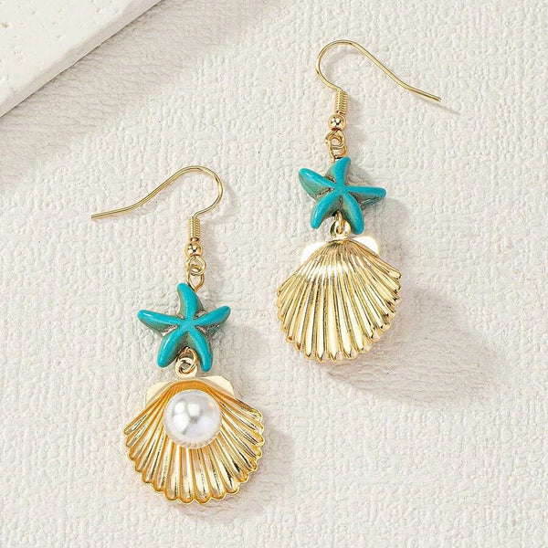 Turquoise Stone Starfish Pearl Drop Earrings