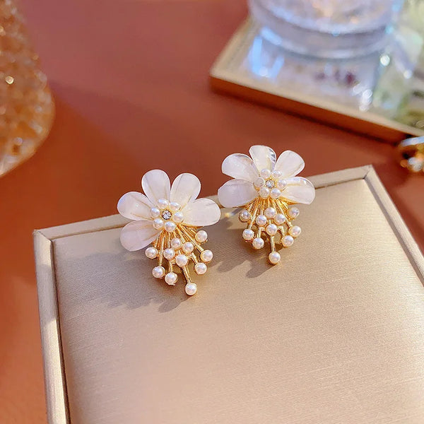 White Flower Pearl Drop Earrings