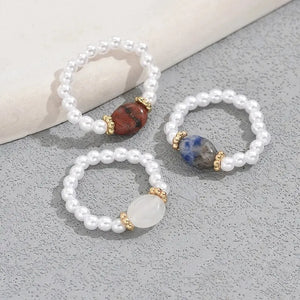 White Pearl Elastic Pearl Rings Set